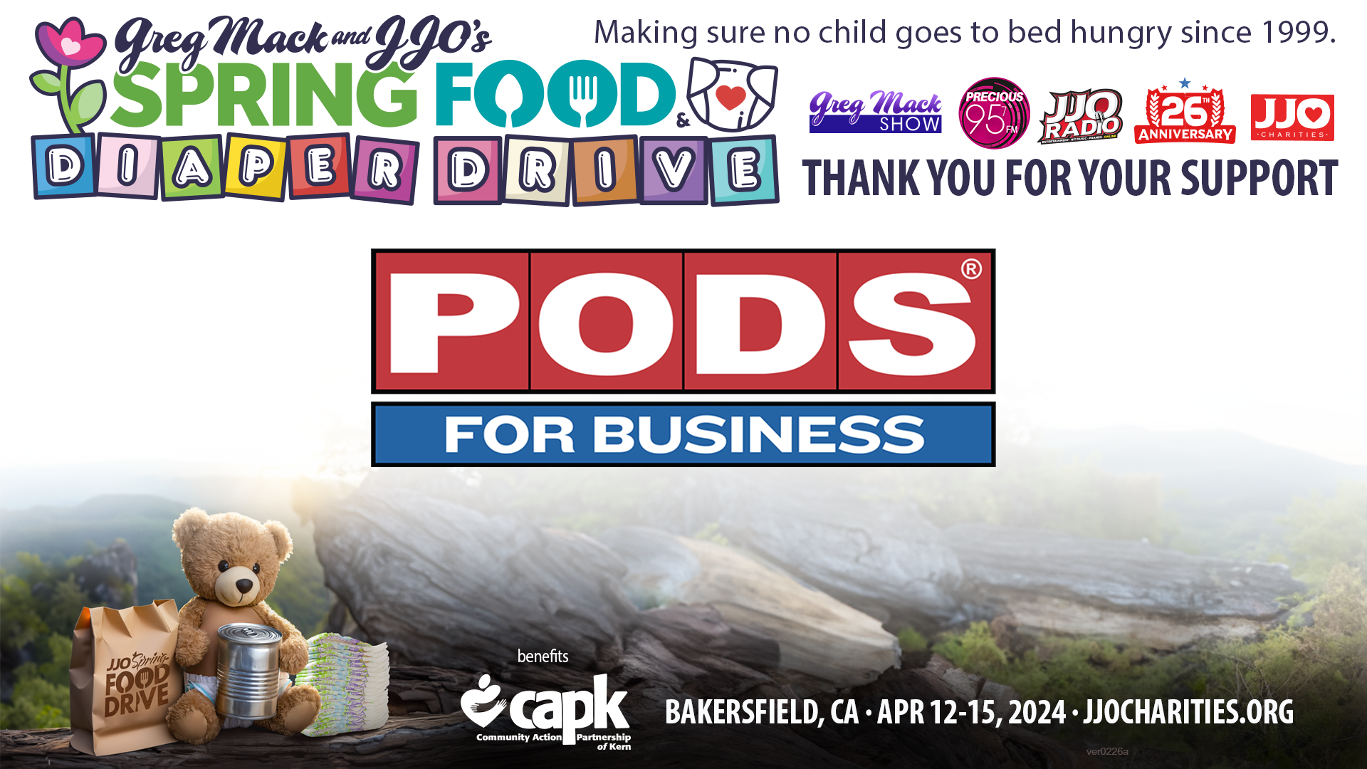 Greg Mack & JJO's Spring Food & Diaper Drive Thank You PODS For Business