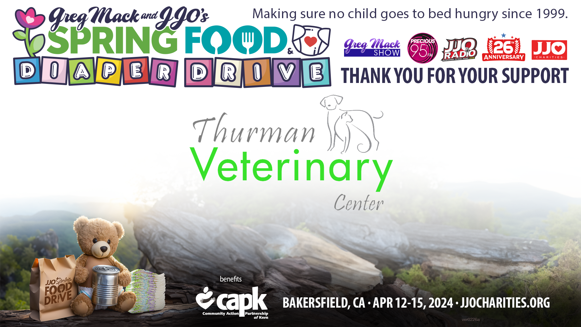 Greg Mack & JJO's Spring Food & Diaper Drive Thank You Thurman Veterinary Center