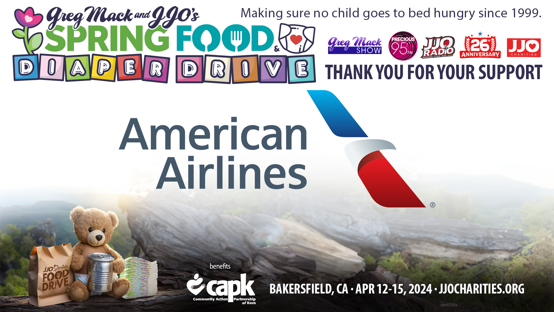 Greg Mack & JJO's Spring Food & Diaper Drive Thank You American Airlines