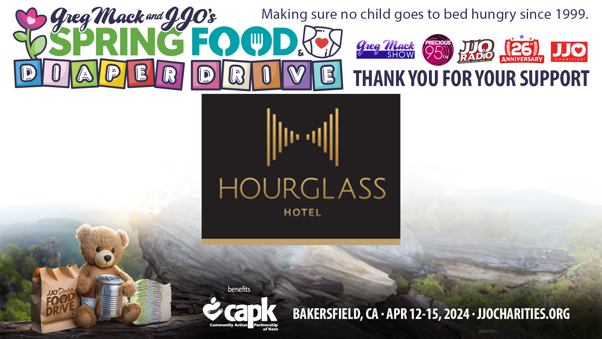Greg Mack & JJO's Spring Food & Diaper Drive Thank You Hourglass Hotel